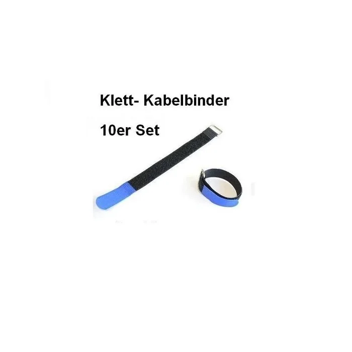 10er Set Klettband / Klettkabelbinder 15 x 1,6cm mit Metallöse – schwarz / blau