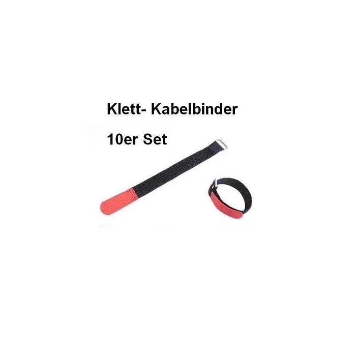 10er Set Klettband / Klettkabelbinder 20 x 2,0cm mit Metallöse – schwarz / rot