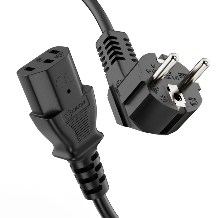ETEC Euro-Stromkabel 90° Schutzkontakt-Stecker auf gerade C13 IEC-Buchse 2m schwarz