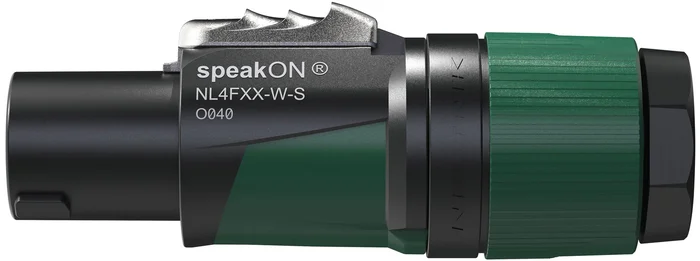 NEUTRIK speakON 4P Kabelverbinder – S Schwarz/grünes Gehäuse – Kabel mit kleinem Durchmesser