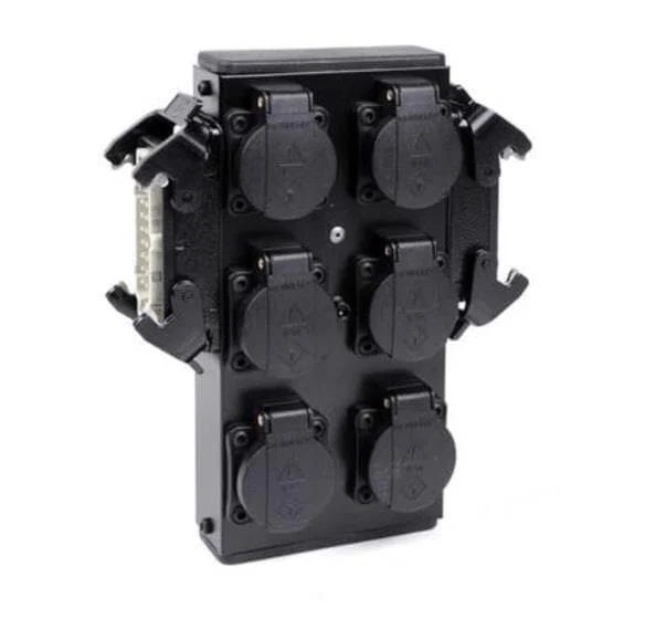 Ultralite Powerbox 6 (Alu) mit 2. Hartinganschluss, SCHWARZ IN 1x HB16 / OUT 6x Schuko OUT 1x HB16, inkl. M10 Hülse